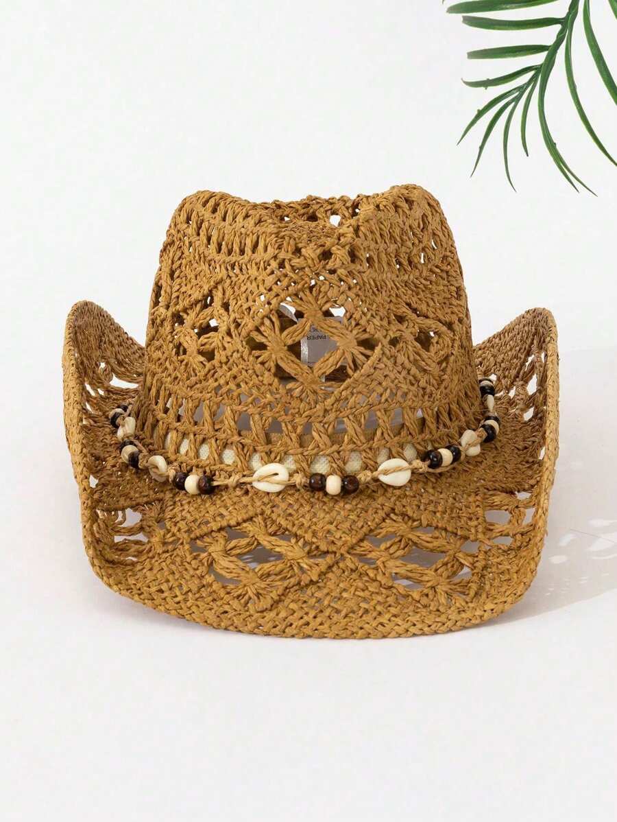 Cowboy Hat Straw - Bohemian Shell Hollow Out Straw Cowboy