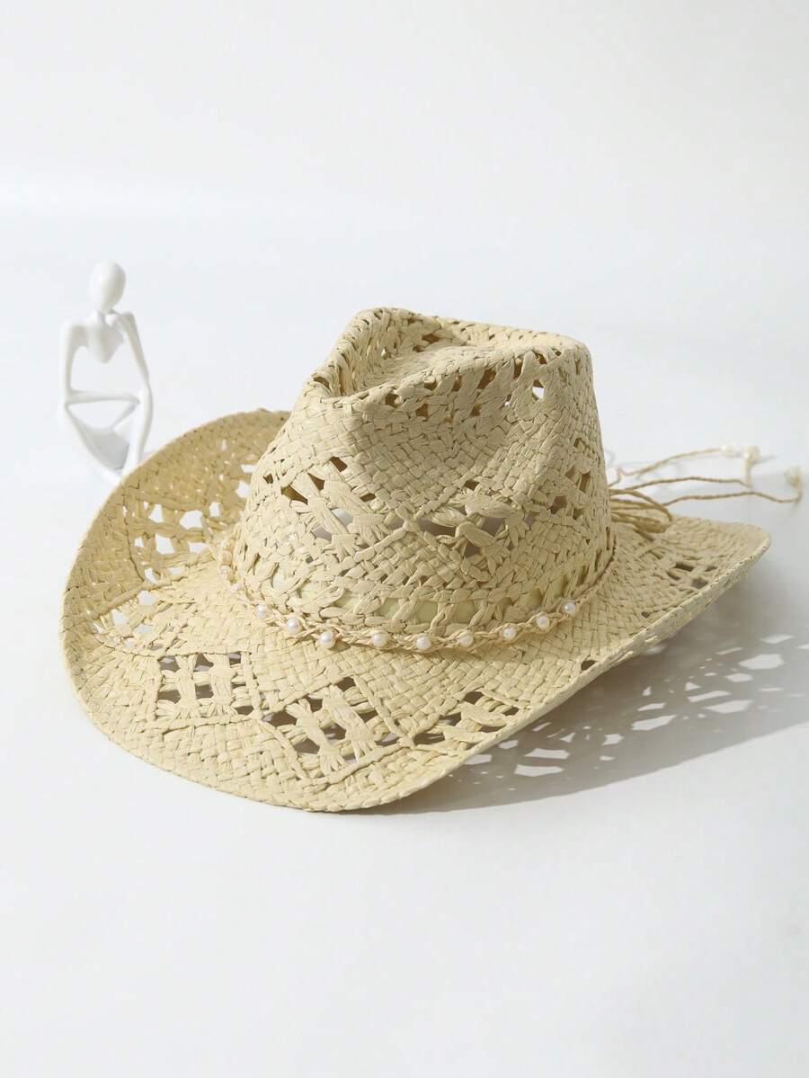 Unisex Pearl Decorated Hollow  - огляд і ціна Cowboy Hat Straw