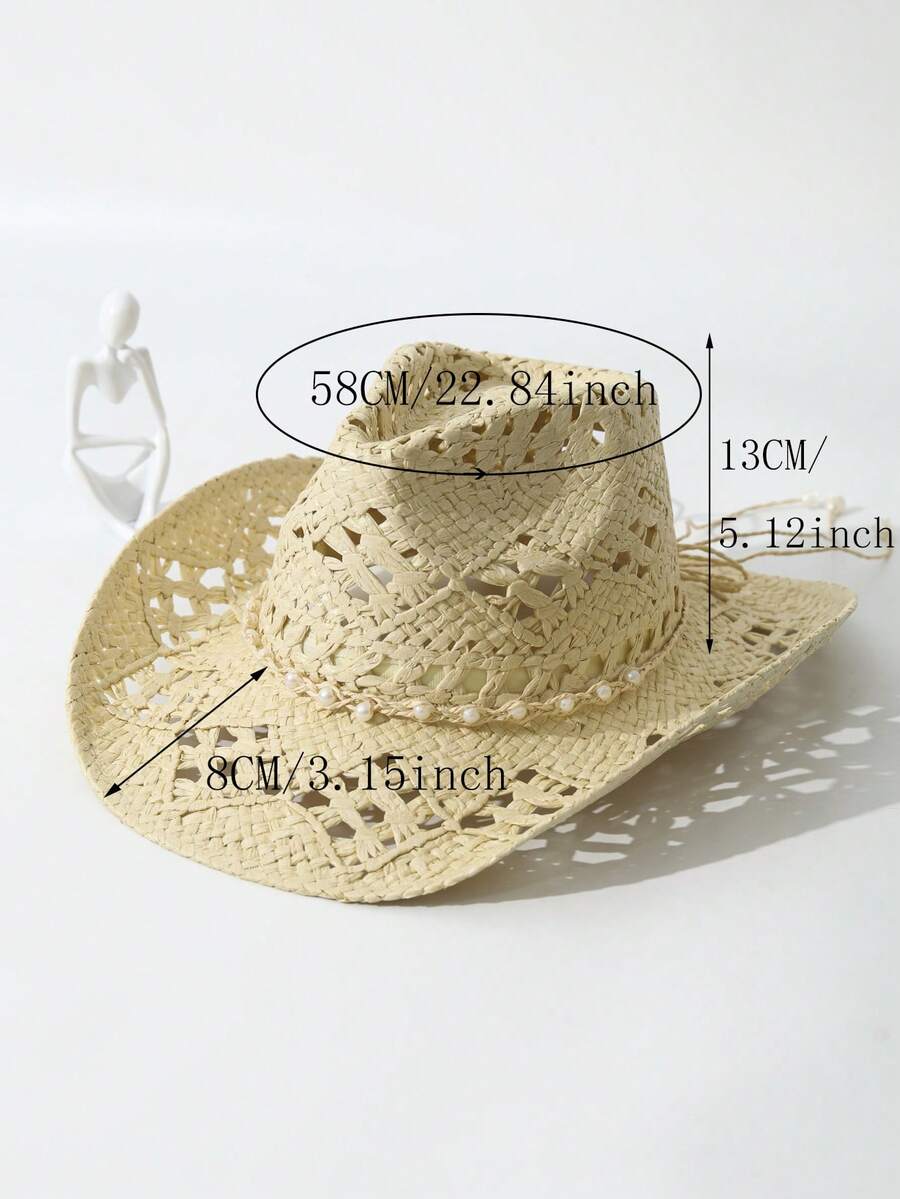 Unisex Pearl Decorated Hollow  - огляд і ціна Cowboy Hat Straw