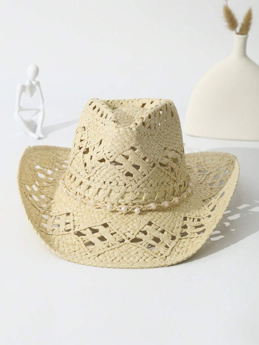 Unisex Pearl Decorated Hollow  - огляд і ціна Cowboy Hat Straw