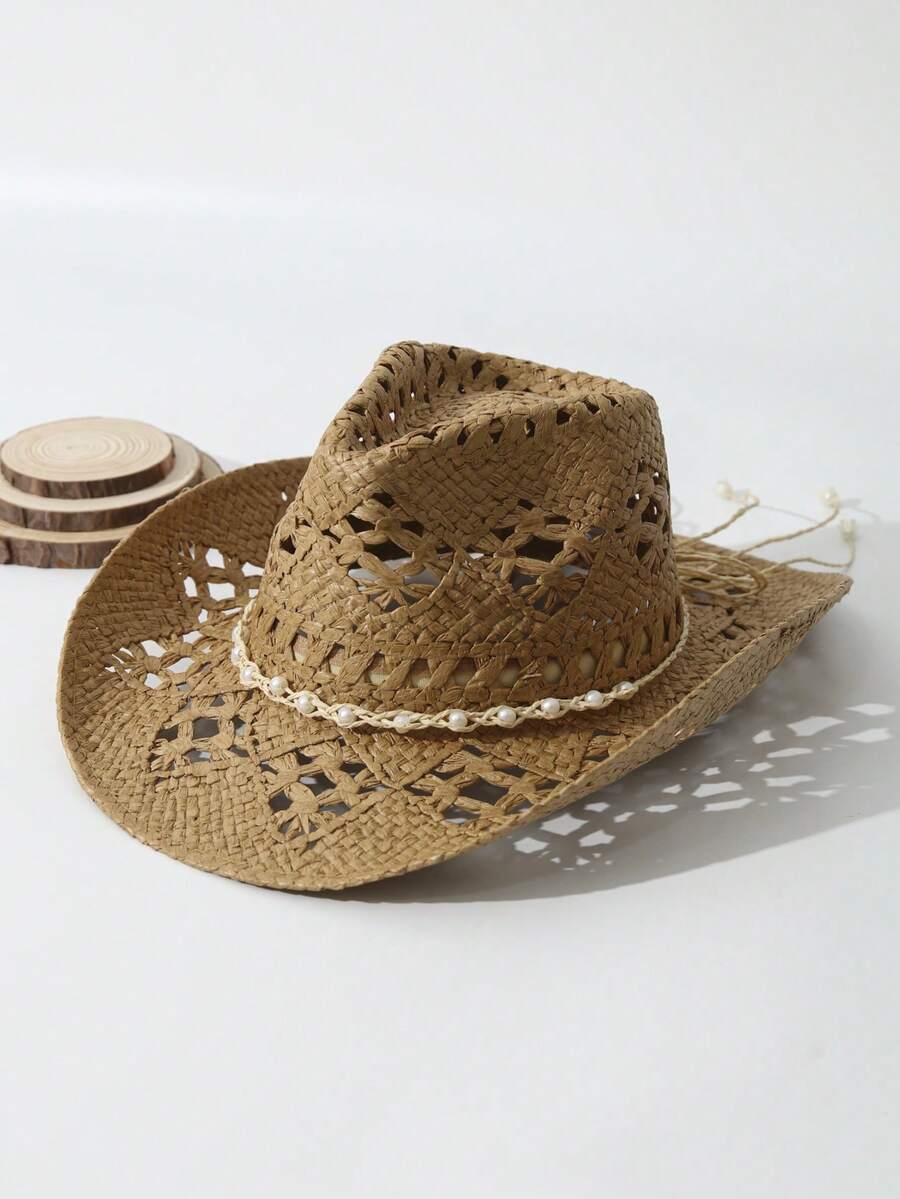 Unisex Pearl Decorated Hollow  - огляд і ціна Cowboy Hat Straw